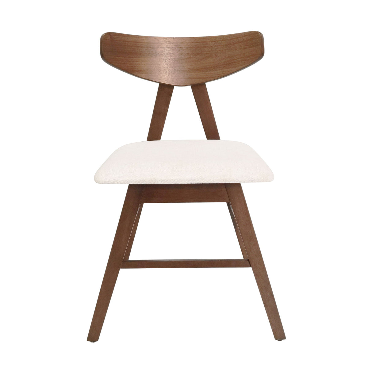 Light beige upholstered dining chair with curved wooden back and tapered legs