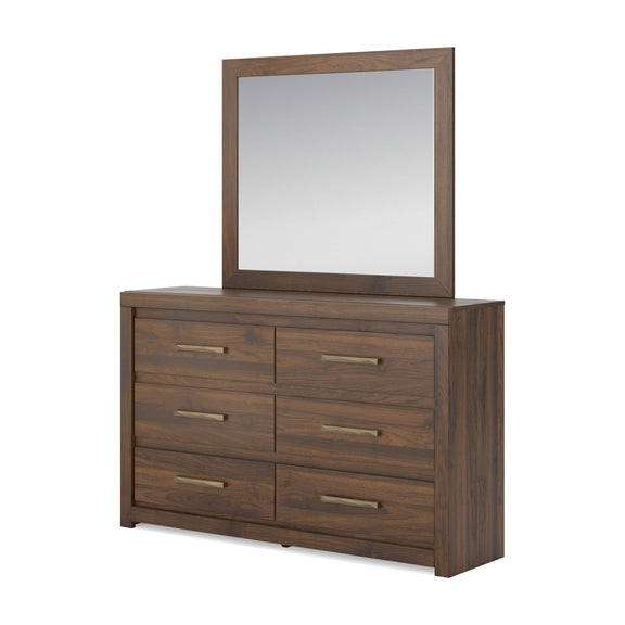 Light brown wood six-drawer dresser with tall rectangular mirror and bar drawer pulls