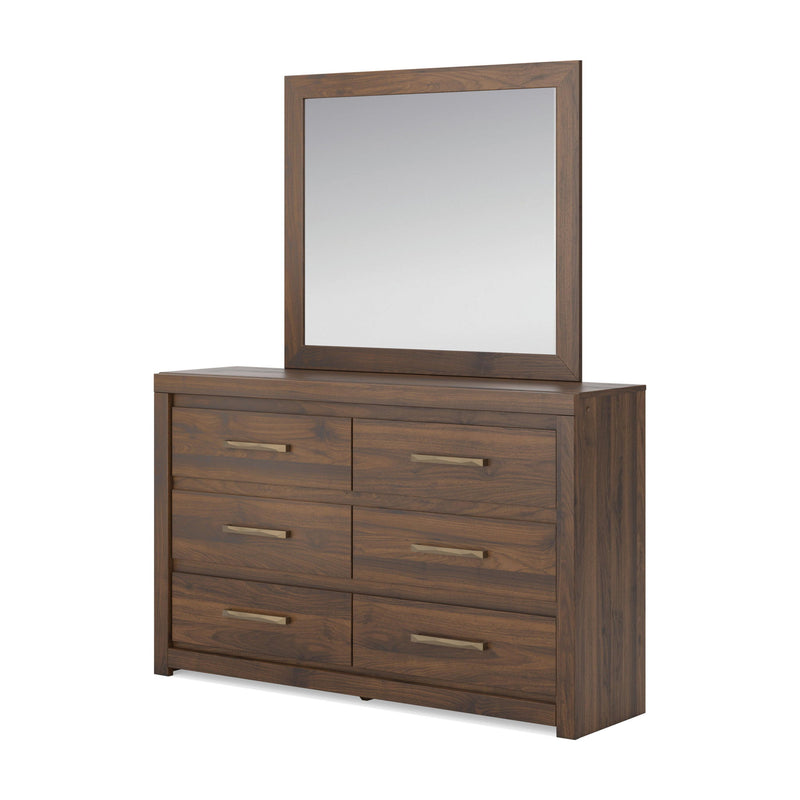 Light brown wood six-drawer dresser with tall rectangular mirror and bar drawer pulls