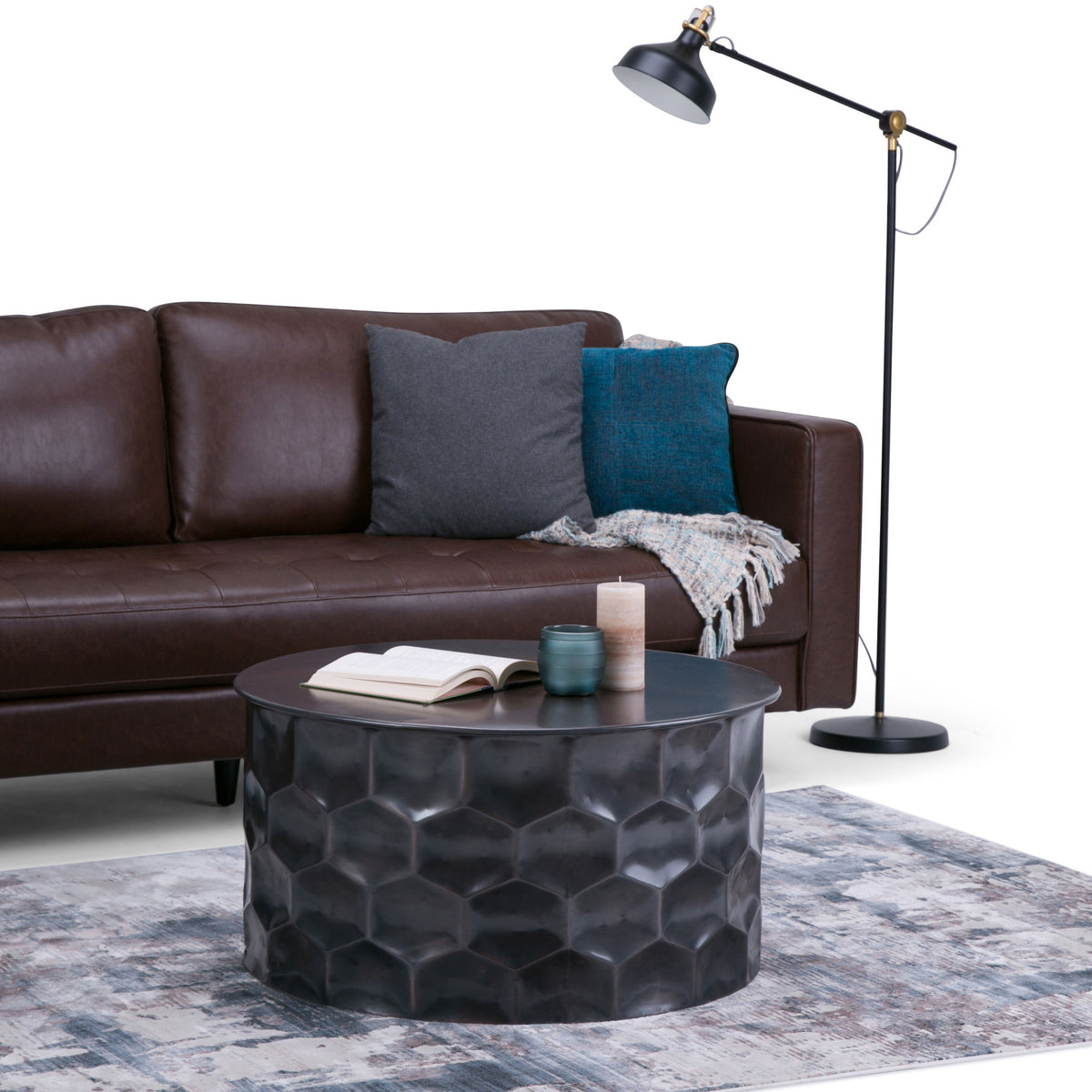 Round dark metal storage accent table with faceted hex pattern and hinged lid