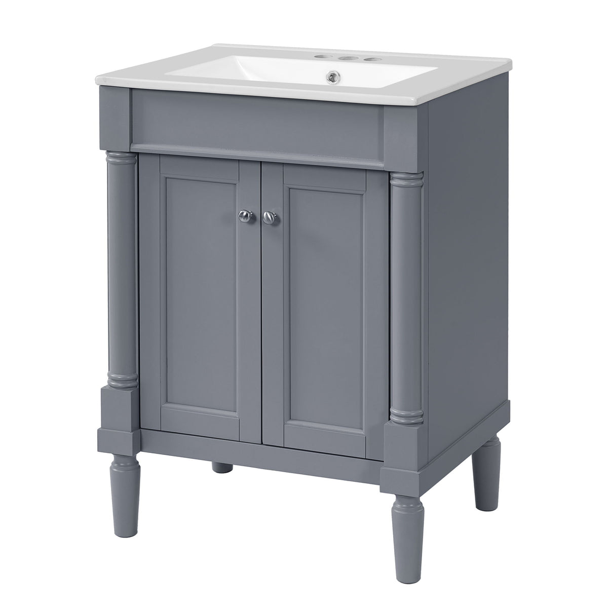 Dark gray bathroom vanity cabinet with white sink top, two doors, and side storage