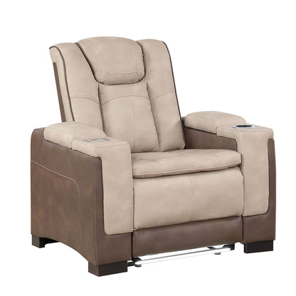 Power recliner chair in light gray-beige with dark brown side panels and padded arms