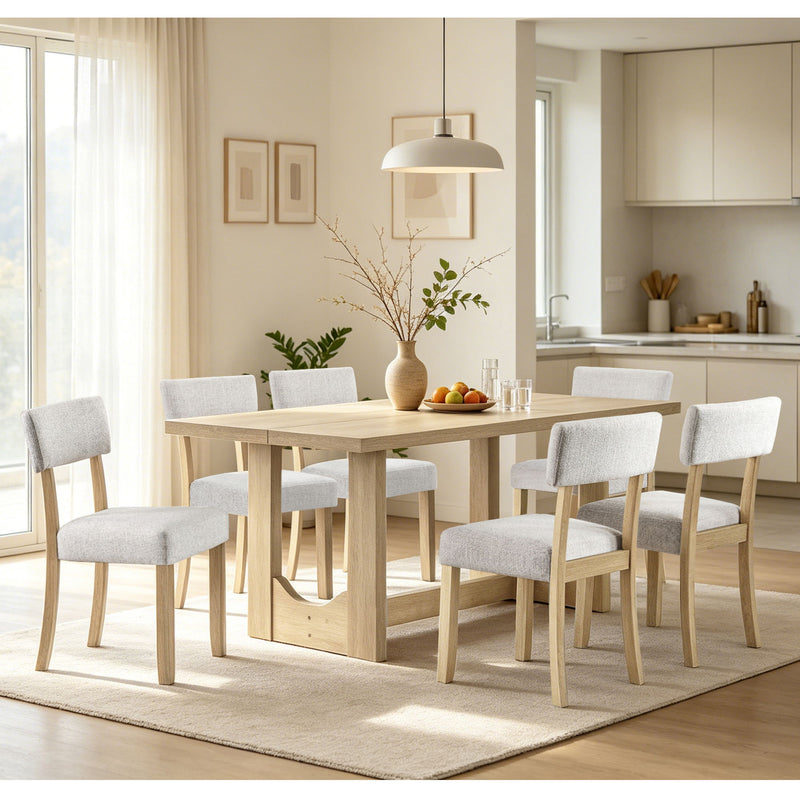 Light oak rectangular dining table with six light gray upholstered chairs