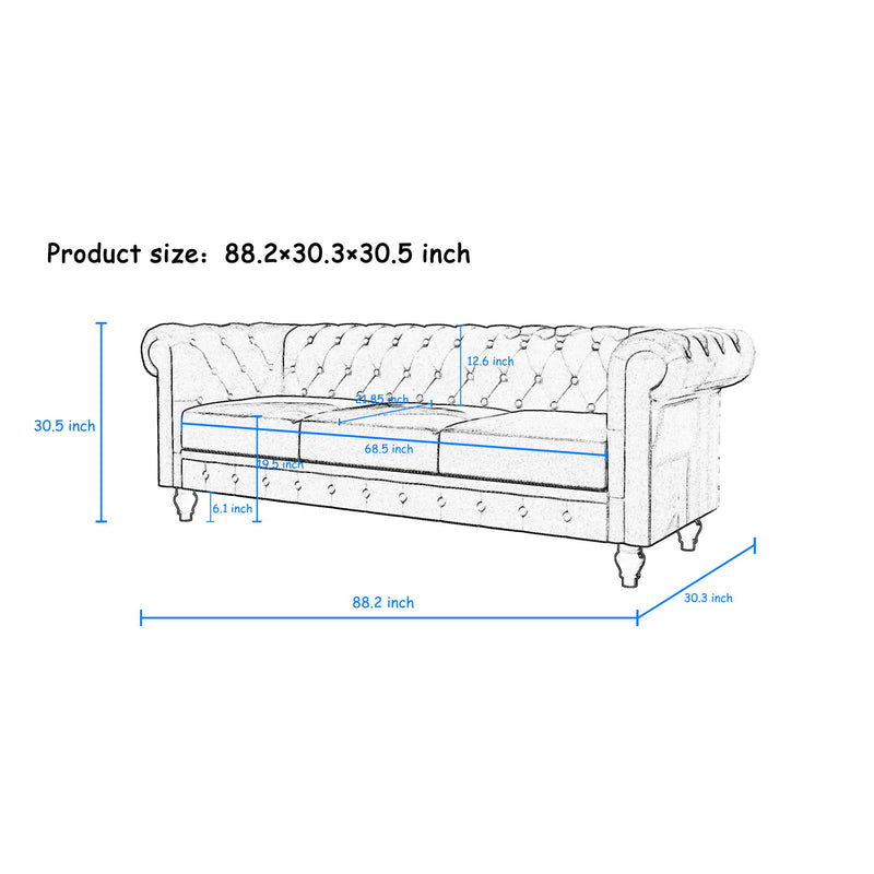 Tufted sofa dimension diagram showing an 88.2-inch width, 30.3-inch depth and 30.5-inch height.