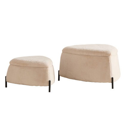 Light camel faux-fur storage ottoman set, two padded lids on black metal legs