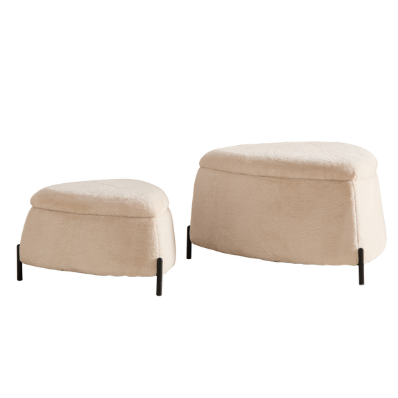 Light camel faux-fur storage ottoman set, two padded lids on black metal legs
