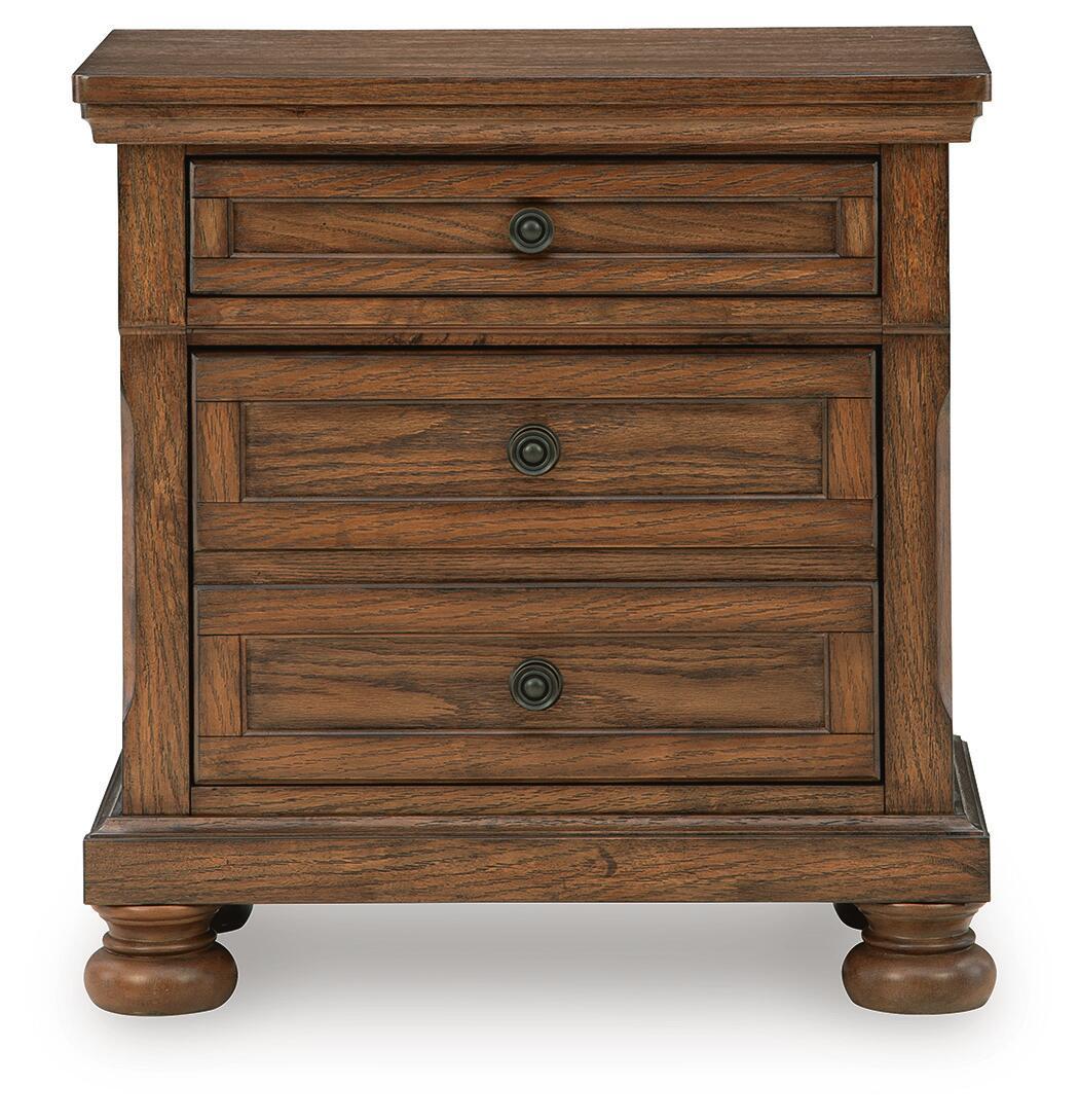 Warm brown wooden nightstand with three drawers, round metal knobs, turned legs