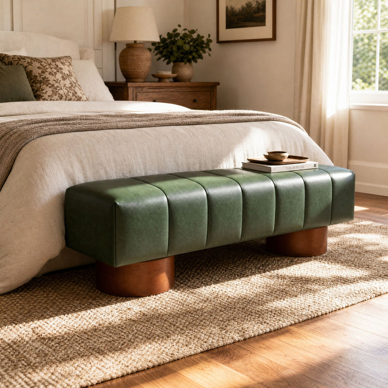 Green faux leather dining bench with tufted seat and cylindrical wooden legs