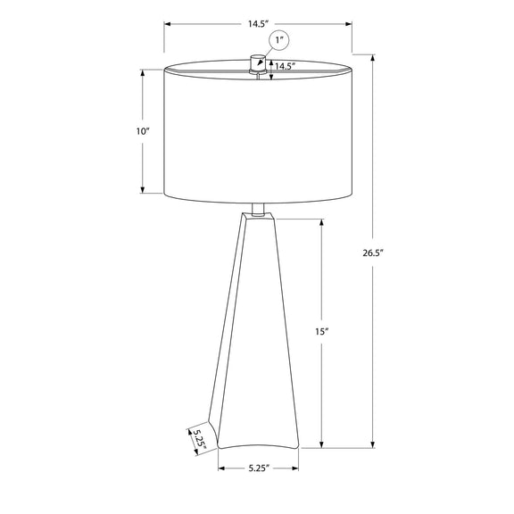 Black resin table lamp with off-white drum shade; top and height measurements diagram