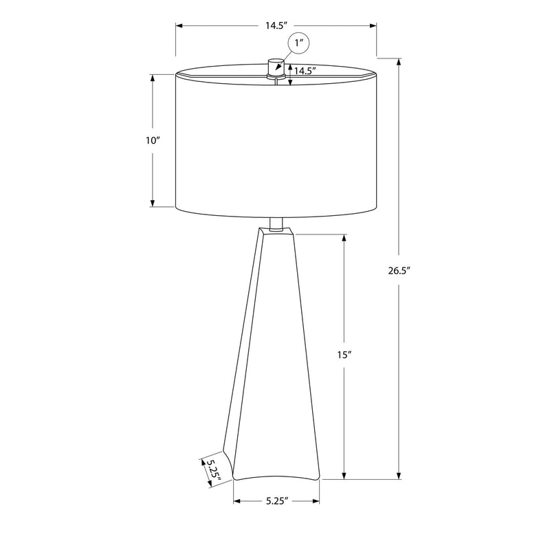Black resin table lamp with off-white drum shade; top and height measurements diagram