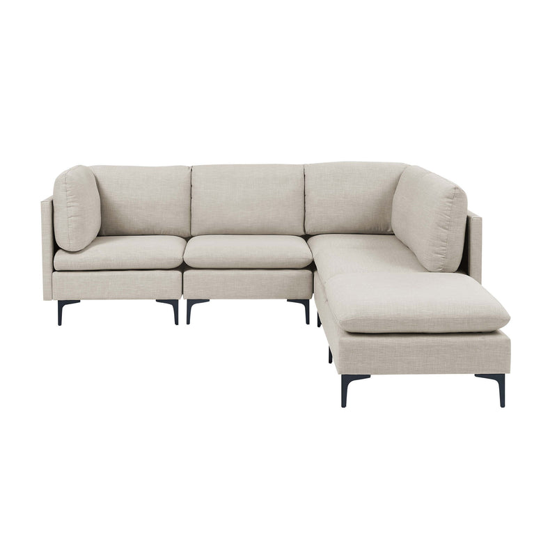 Beige upholstered sectional with tall legs, corner seat, and chaise ottoman