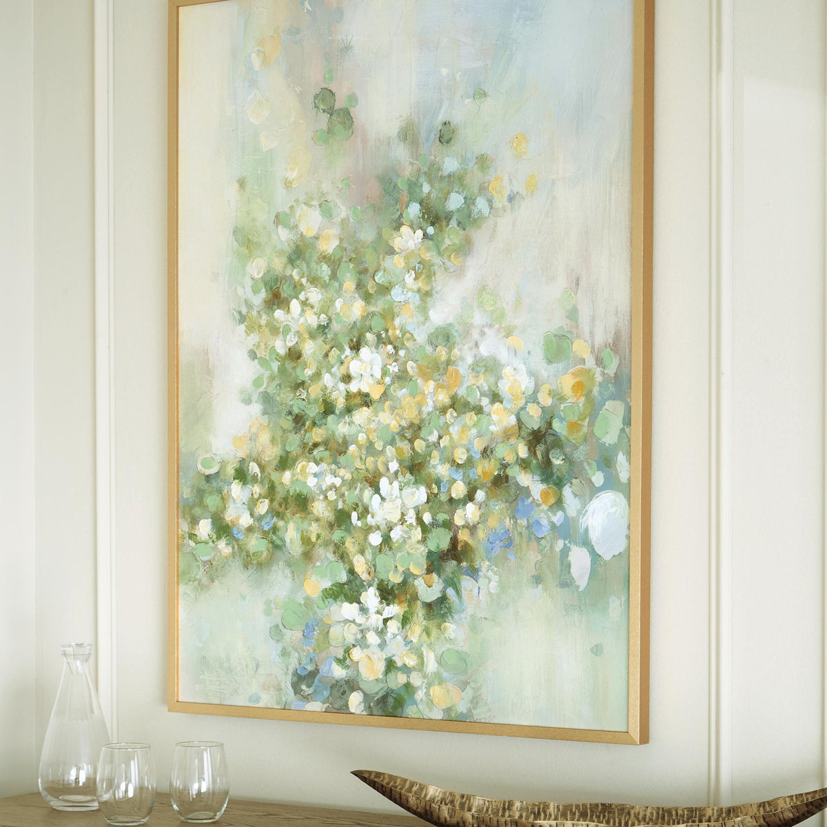 Framed abstract floral wall art, pastel green and blue with yellow accents