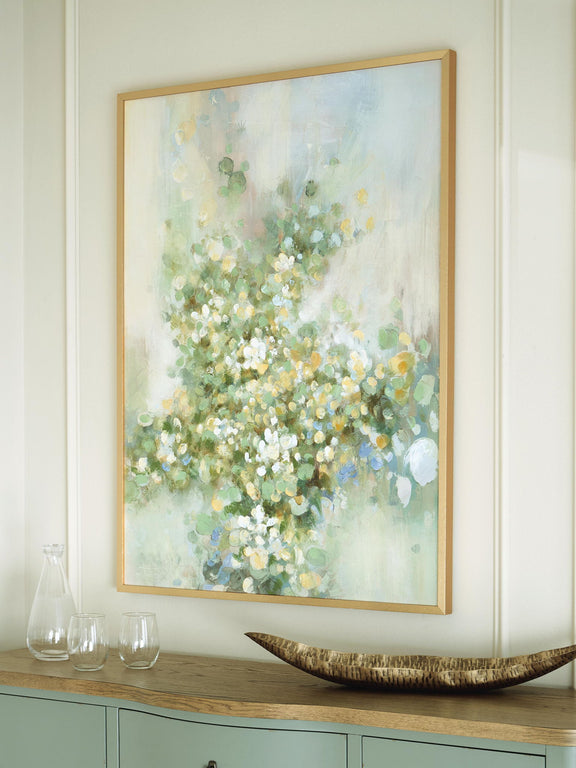 Framed abstract floral wall art, pastel green and blue with yellow accents