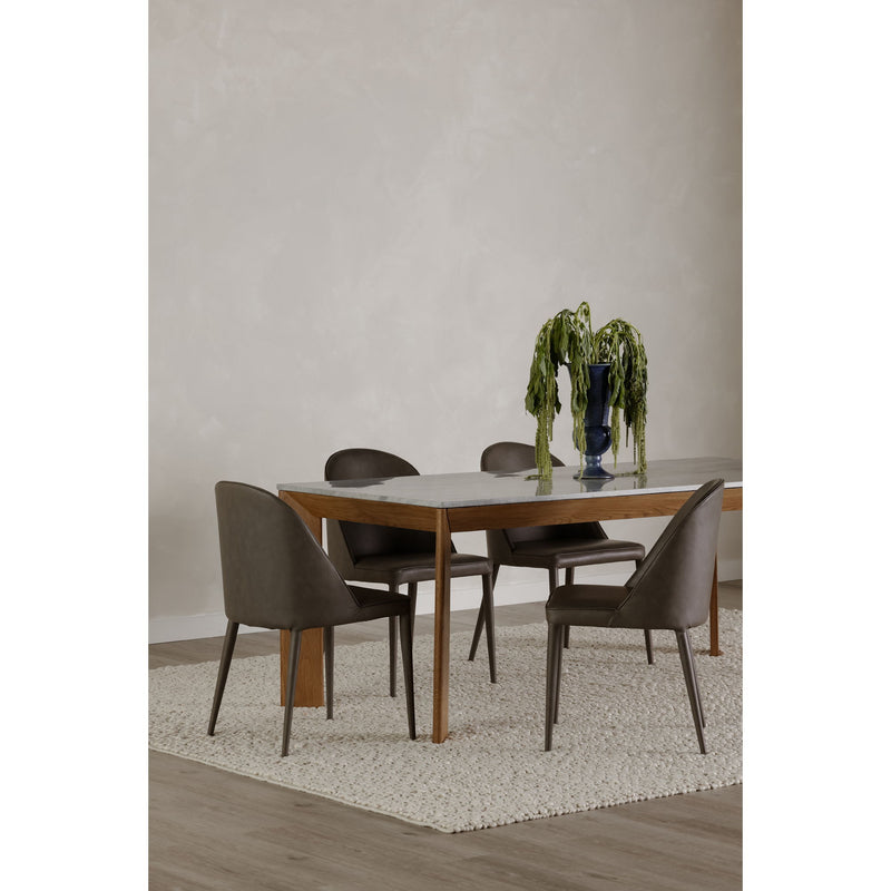 Pair of gray upholstered dining chairs with rounded seats and tapered legs