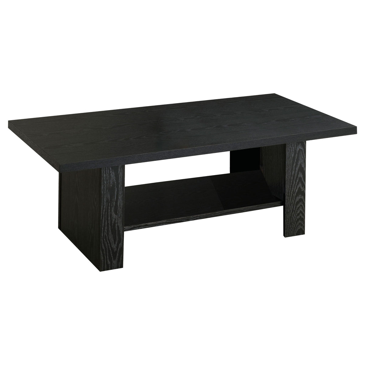 Black coffee table with open lower shelf, square legs, dark wood grain finish