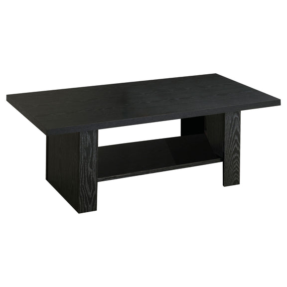 Black coffee table with open lower shelf, square legs, dark wood grain finish
