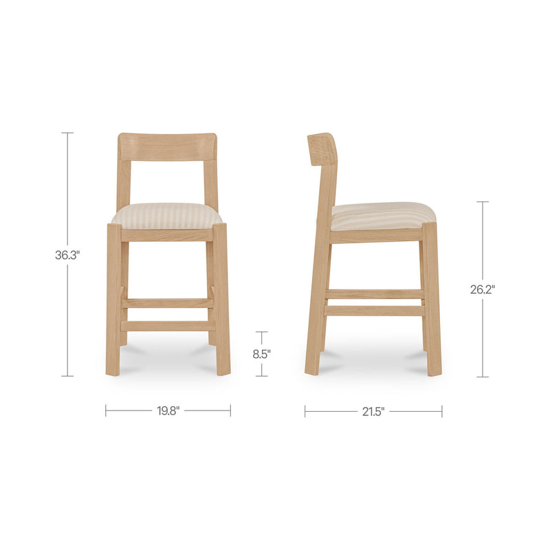 Two light wood counter stools with striped cushioned seats, side-by-side