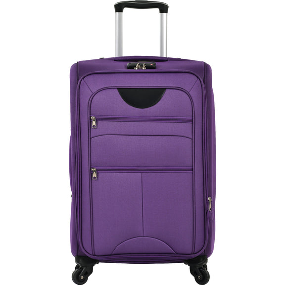 Purple softside expandable upright spinner suitcase with front zipper pockets