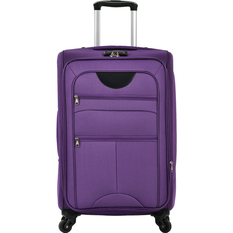 Purple softside expandable upright spinner suitcase with front zipper pockets