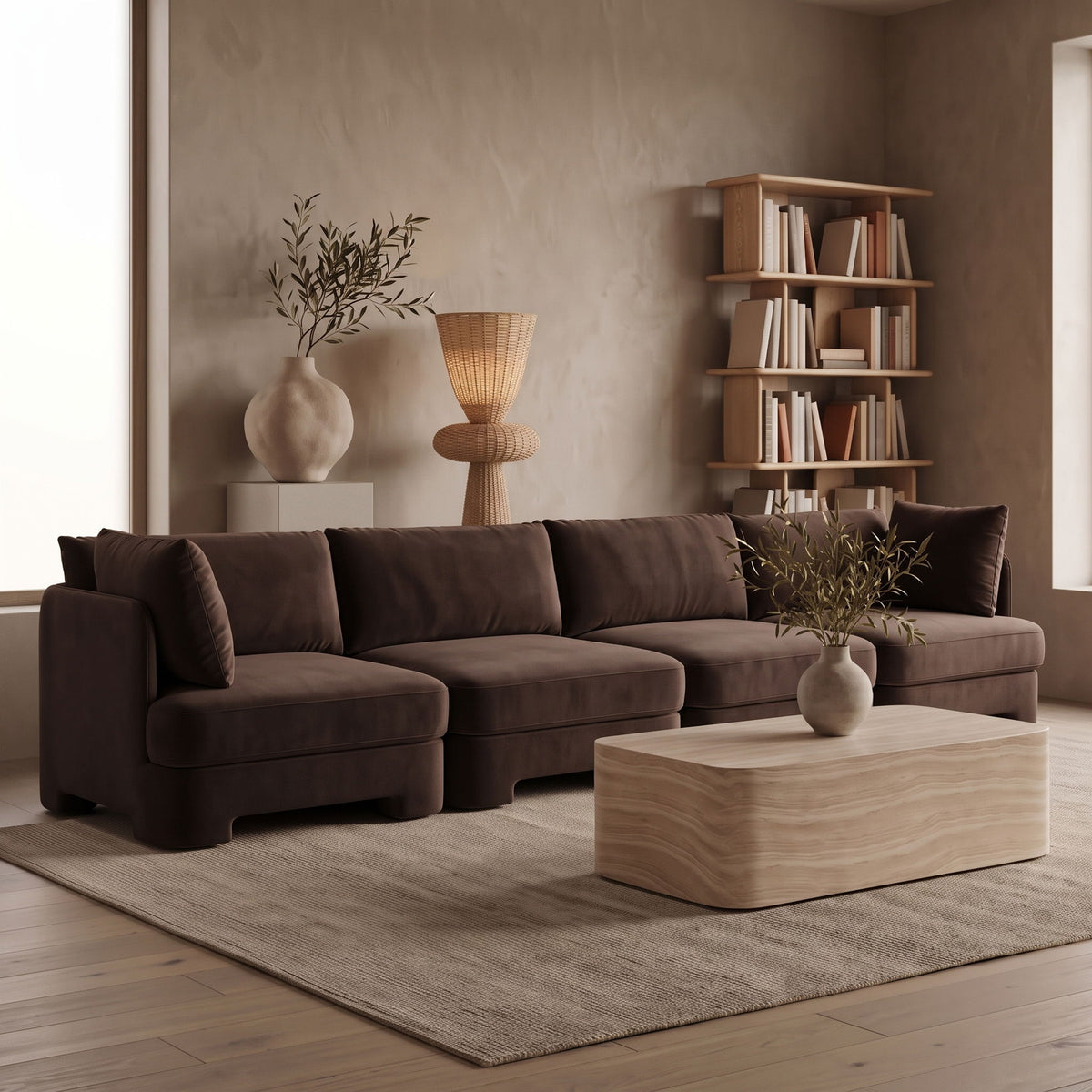 Brown velvet performance fabric upholstered 4-piece sectional sofa set in living room