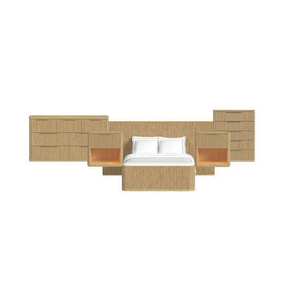 Light brown wall bed bedroom set with platform bed, dresser panels, and side cabinets