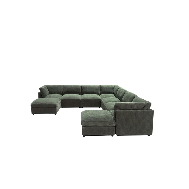 Dark green modular sectional sofa with chaise ottomans and square armrests