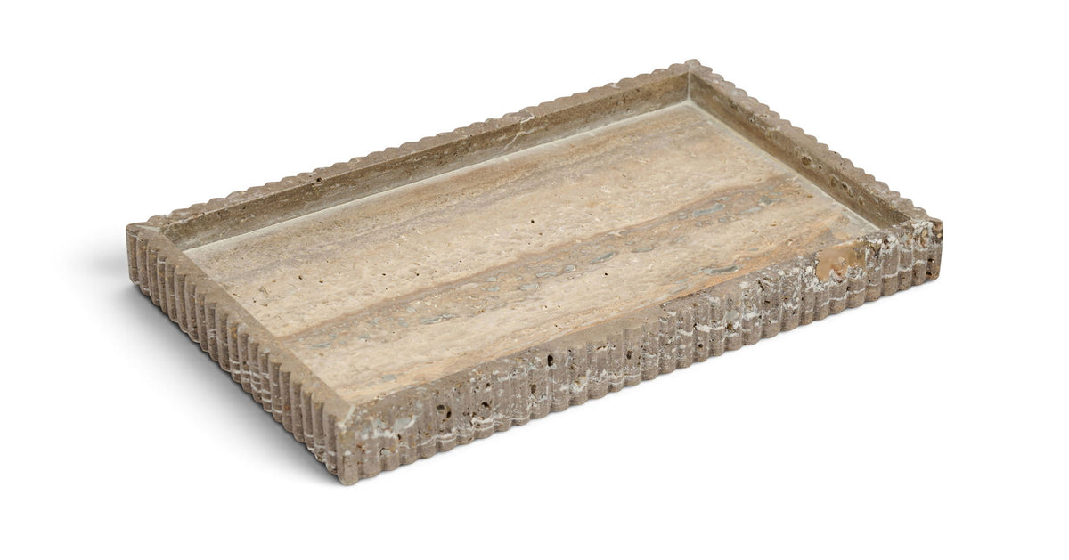 Cream marble tray with carved ridged edge and subtle veining across the top
