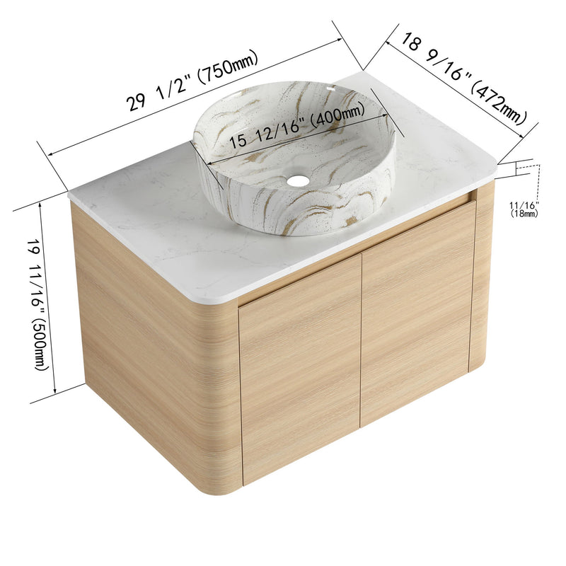 Light wood mounted bathroom vanity with white marble-pattern square vessel sink and door