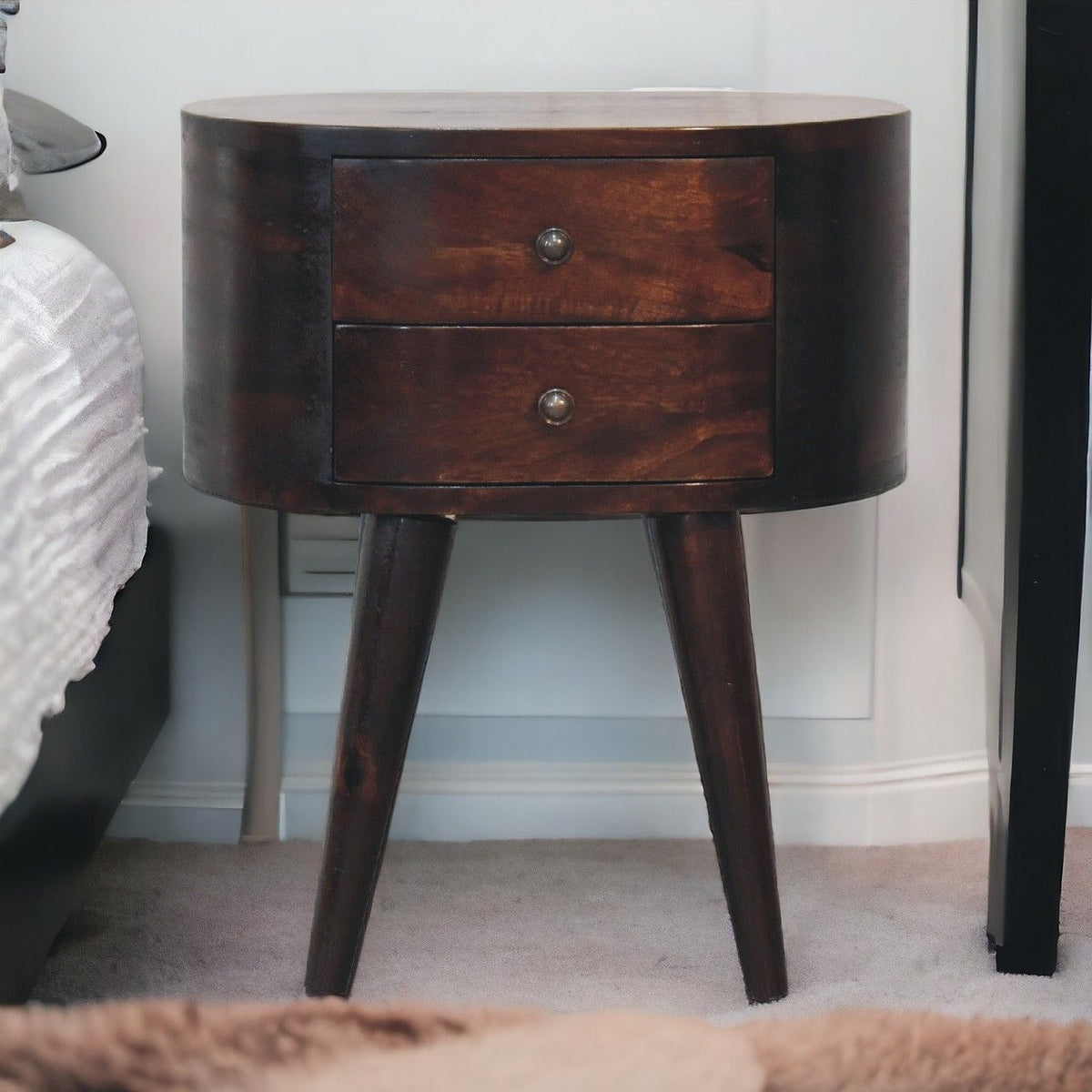 Rounded Wooden Bedside Table - Walnut