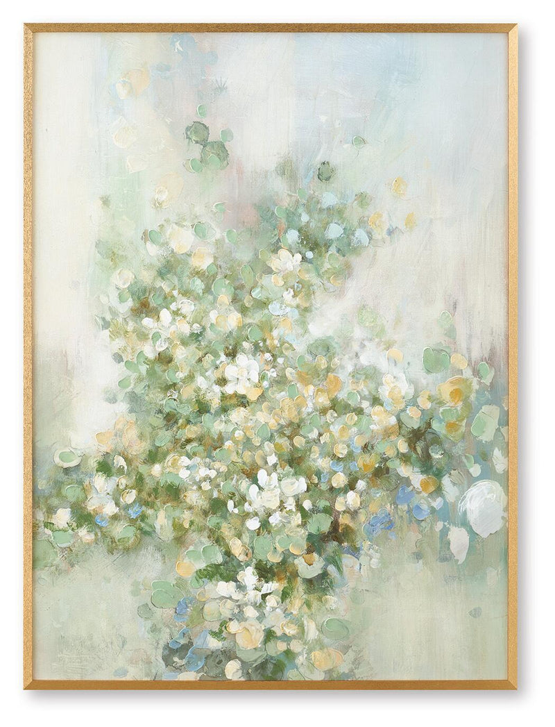 Framed abstract wall art with pastel green, blue, yellow floral dots