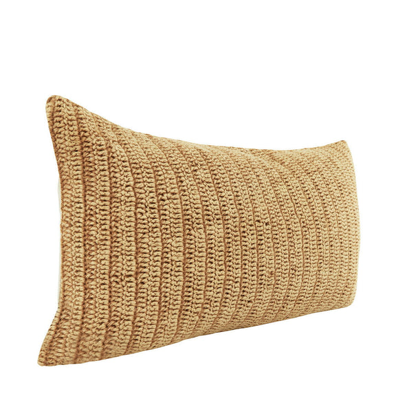 Golden tan textured woven lumbar pillow, rectangular shape with stitched edges