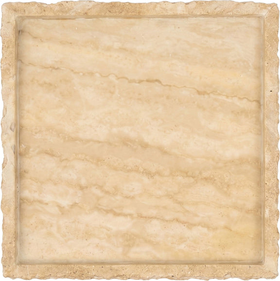 Beige travertine tray with smooth inset center and lightly pitted surface.