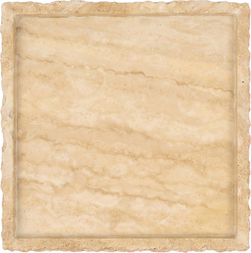Beige travertine tray with smooth inset center and lightly pitted surface.