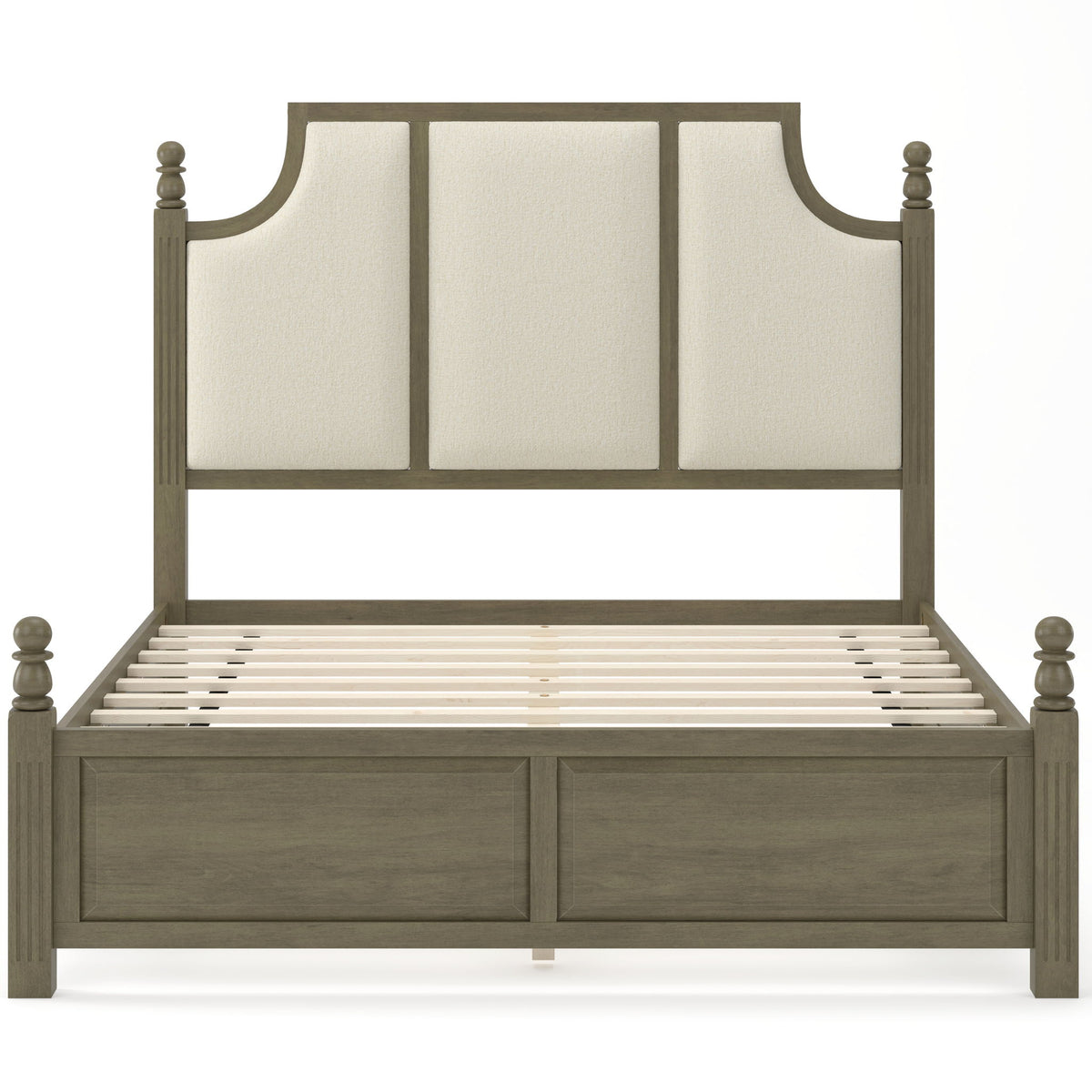 Upholstered platform bed frame with tall headboard, brown wood, cream panels