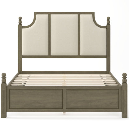 Dark brown platform bed frame with tall linen upholstered headboard and two drawers