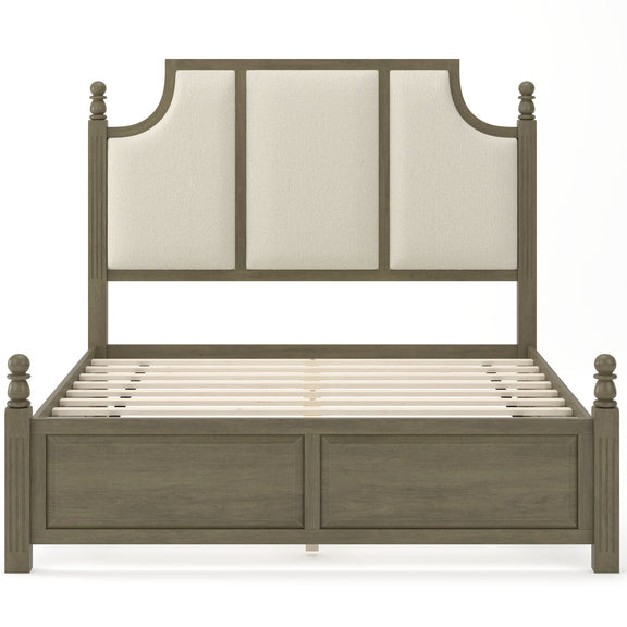 Dark brown platform bed frame with tall linen upholstered headboard and two drawers