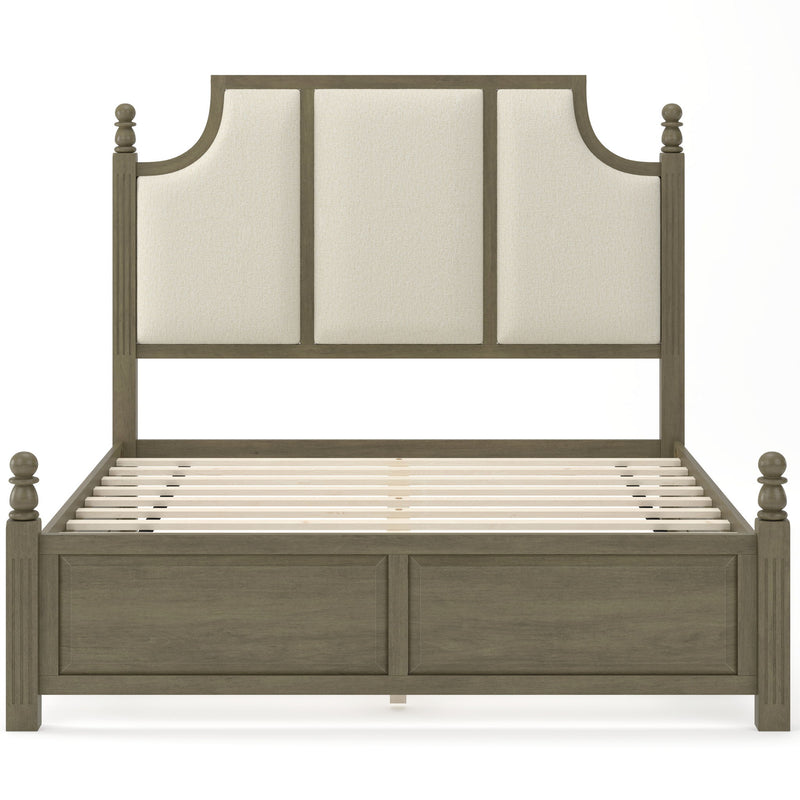 Dark brown platform bed frame with tall linen upholstered headboard and two drawers