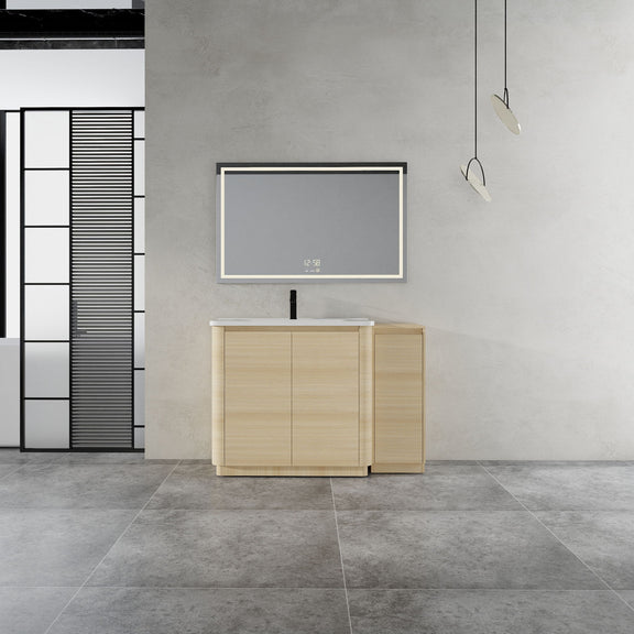 Freestanding bathroom vanity with white sink, light wood cabinet, and side storage compartment