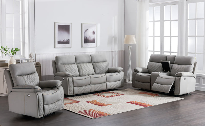Gray reclining loveseat set with tufted back cushions, padded arms, and center console
