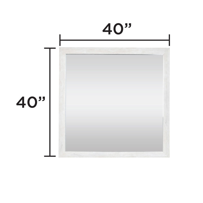 Square mirror with a rustic natural wood frame, measuring 40 by 40 inches