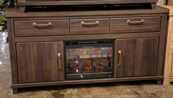 Dark brown TV stand with electric fireplace insert and two cabinet doors