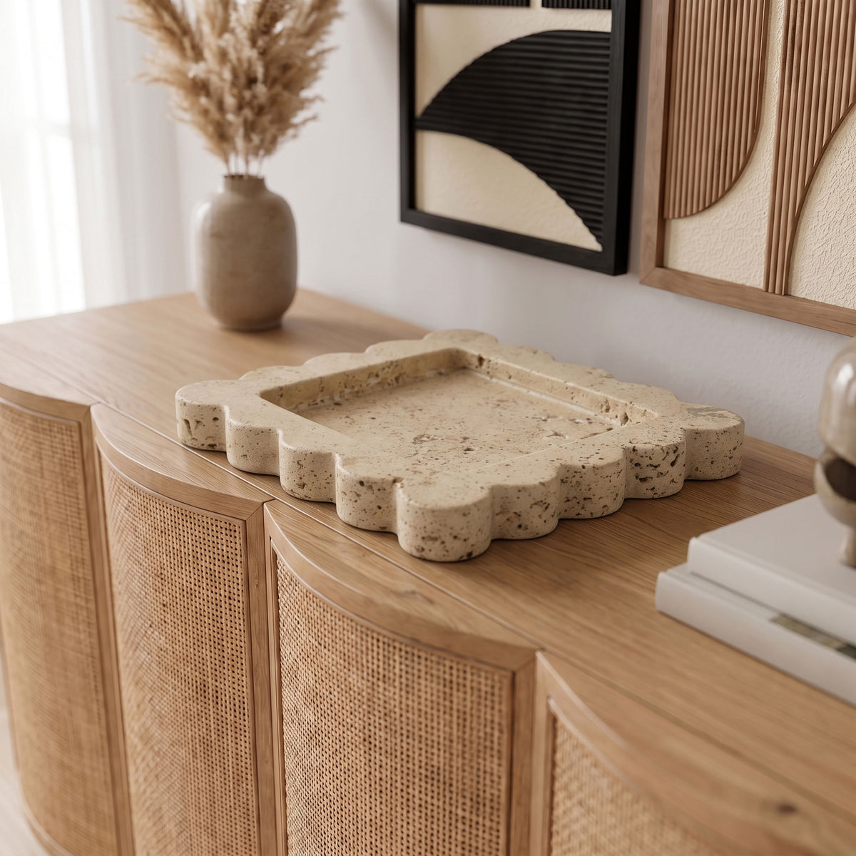 Natalie travertine tray with scalloped rim; beige speckled stone, shallow recessed well.