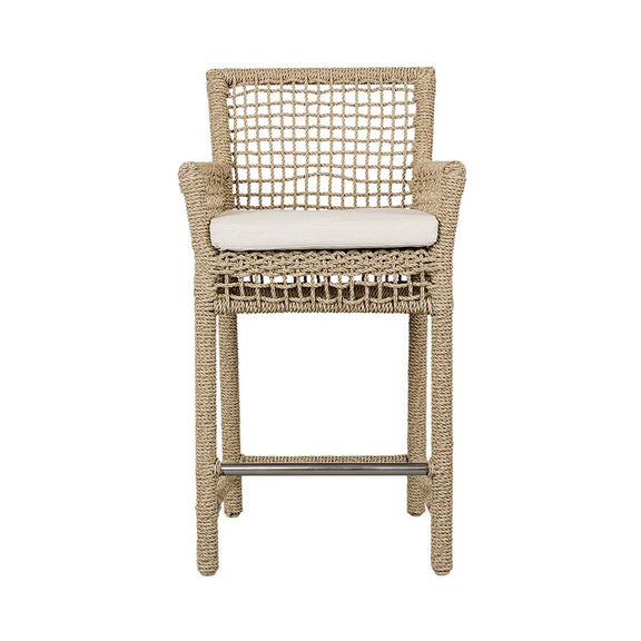 Natural woven bar stool with white padded seat and metal footrest bar