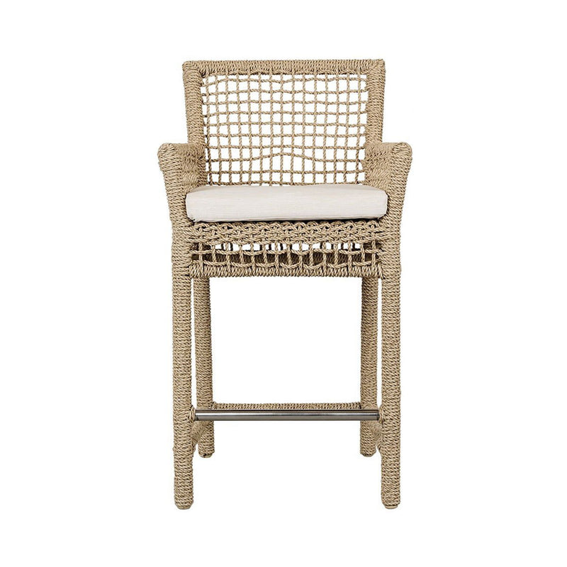 Natural woven bar stool with white padded seat and metal footrest bar