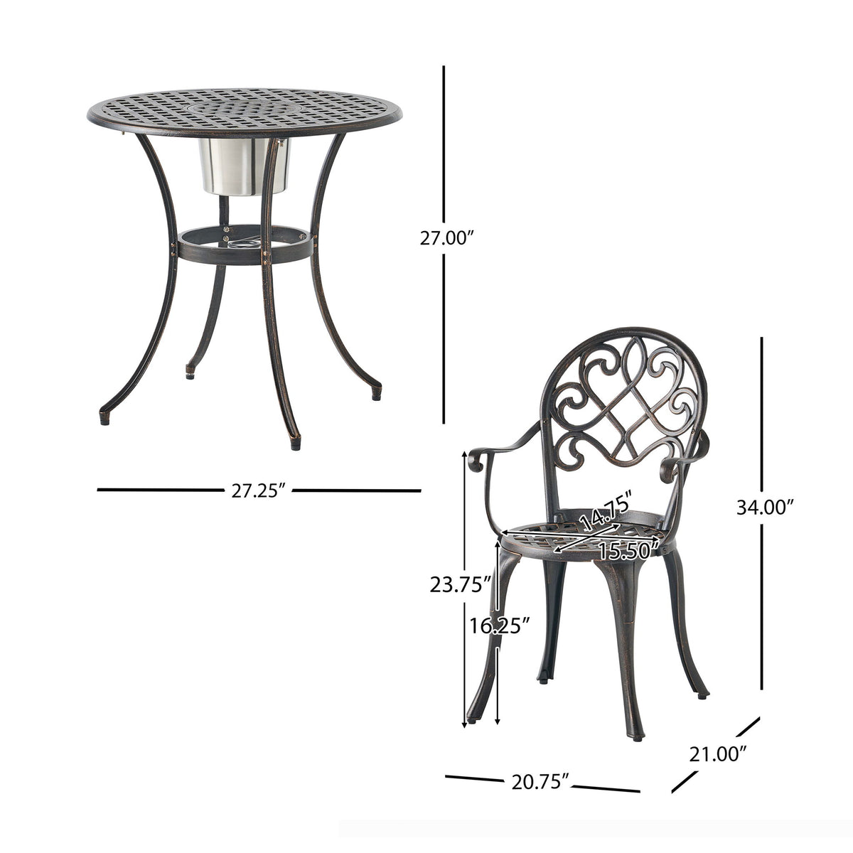 3 Piece Outdoor Aluminium Cast Bistro Set With Ice Bucket - Copper