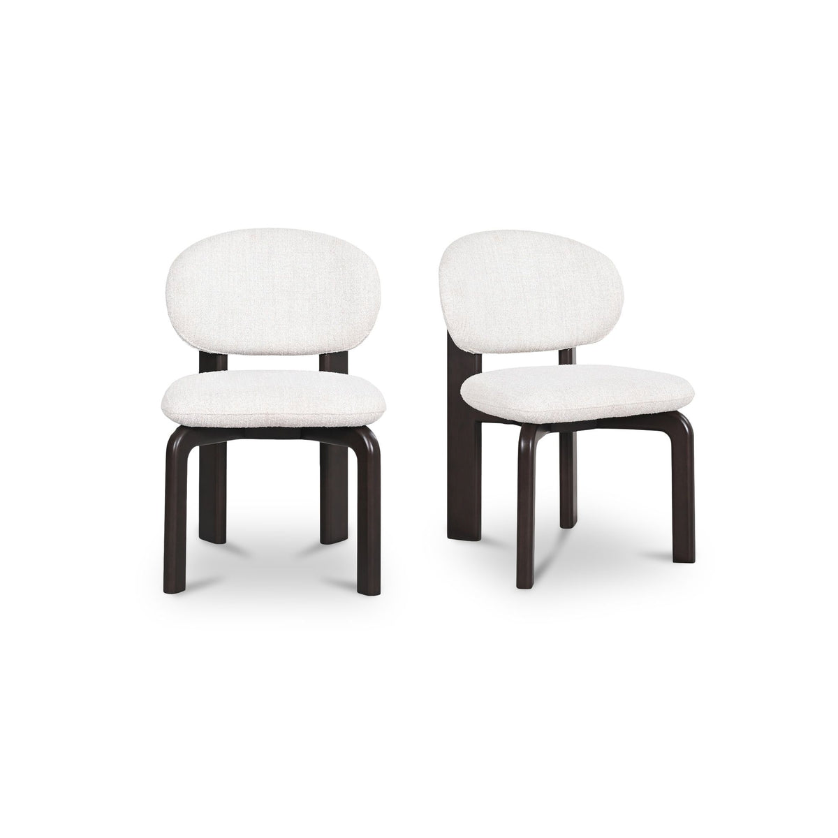 Set of 2 dining chairs, white fabric seat and round back, dark wood legs