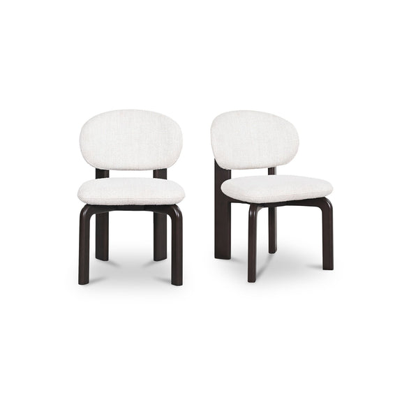 Set of 2 dining chairs, white fabric seat and round back, dark wood legs