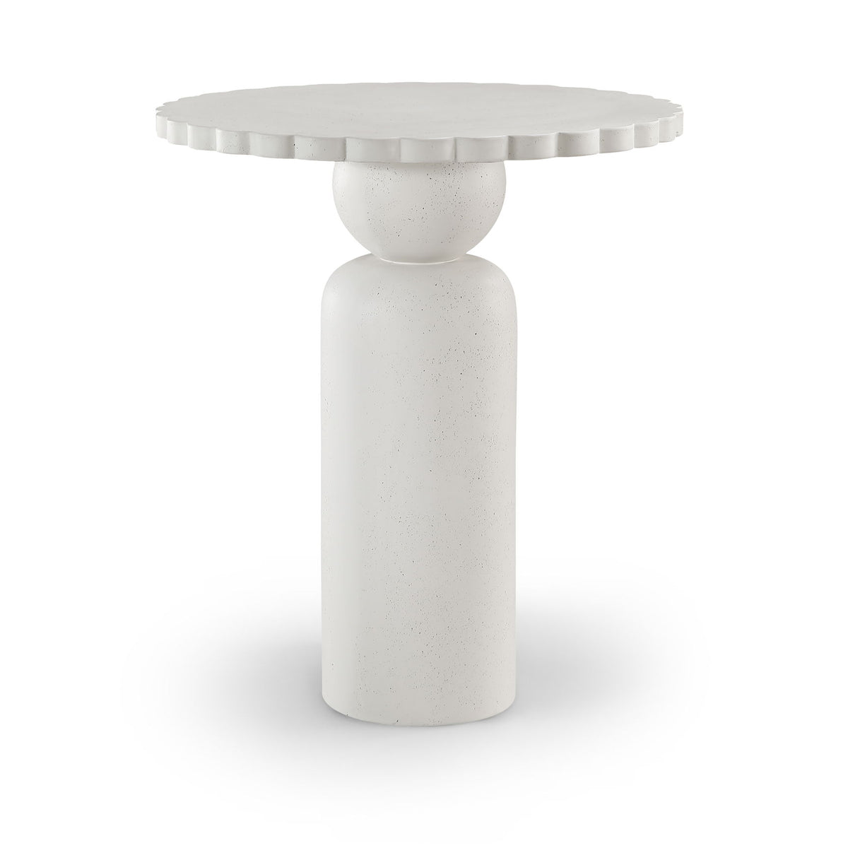 Round indoor/outdoor table with segmented edge top and fluted pedestal base in light white.