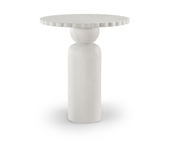 Round indoor/outdoor table with segmented edge top and fluted pedestal base in light white.