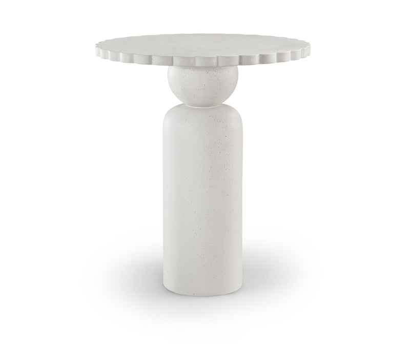 Round indoor/outdoor table with segmented edge top and fluted pedestal base in light white.